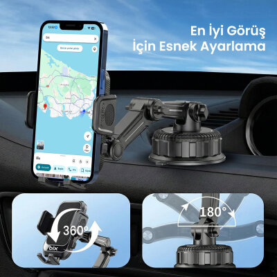 Bix BXCH15 Uzayabilen Ayarlanabilir Cam Torpido Ön Panel Uyumlu Çok Fonksiyonlu Vantuzlu Araç İçi Telefon Tutucu - 4