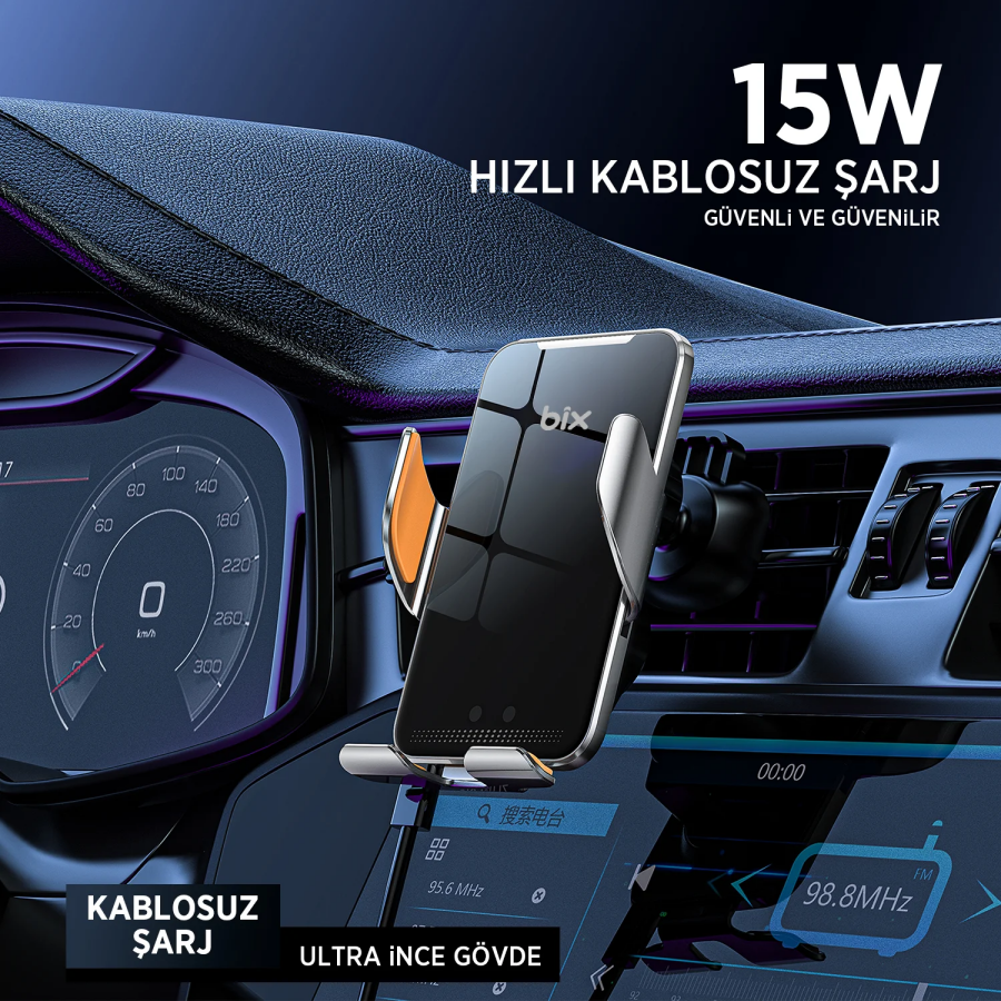 Bix BXCH9 MagSafe 15W Kablosuz Hızlı Şarj Destekli 360° Dönebilen Ultra İnce Metal Araç İçi Telefon Tutucu - 4