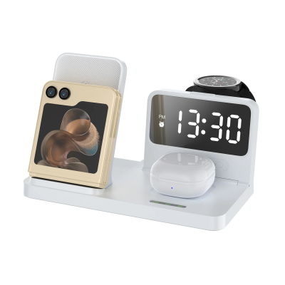 Bix BXMW4 15W Kablosuz Şarj Standı iPhone AirPods Akıllı Saat TWS Kulaklık Uyumlu Alarmlı Çoklu Şarj Cihazı Beyaz