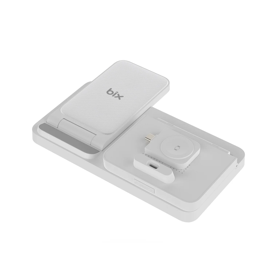 Bix BXMW4 15W Kablosuz Şarj Standı iPhone AirPods Akıllı Saat TWS Kulaklık Uyumlu Alarmlı Çoklu Şarj Cihazı Beyaz - 3