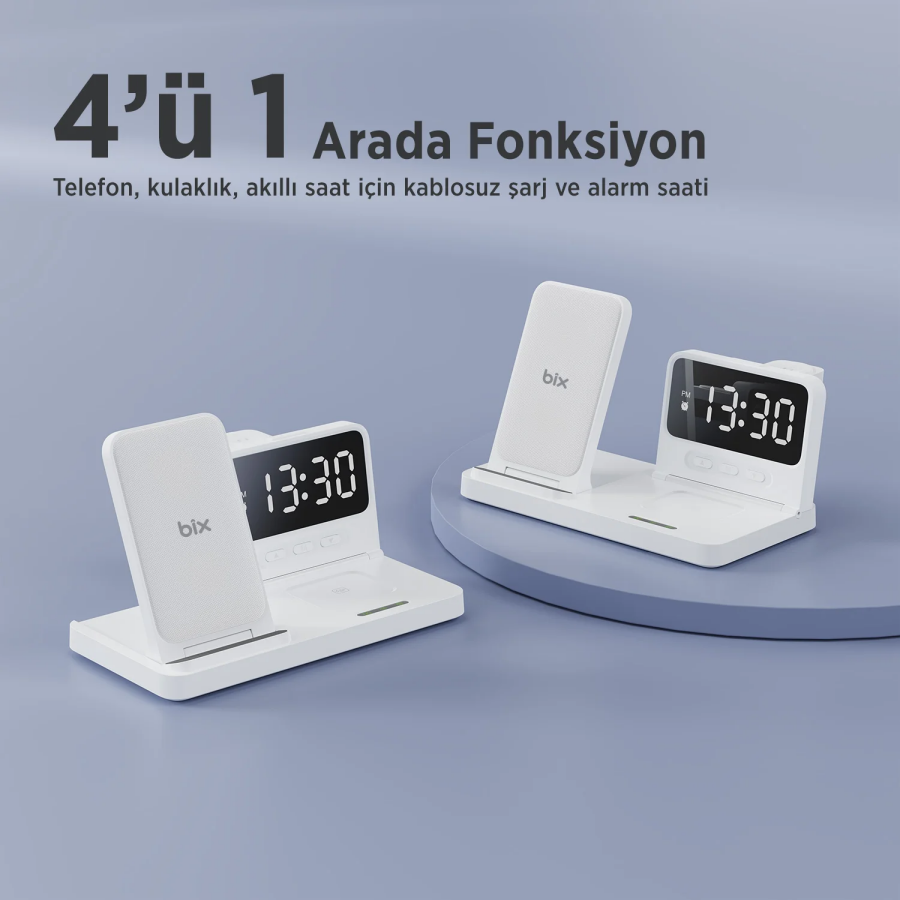 Bix BXMW4 15W Kablosuz Şarj Standı iPhone AirPods Akıllı Saat TWS Kulaklık Uyumlu Alarmlı Çoklu Şarj Cihazı Beyaz - 4