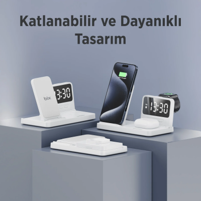 Bix BXMW4 15W Kablosuz Şarj Standı iPhone AirPods Akıllı Saat TWS Kulaklık Uyumlu Alarmlı Çoklu Şarj Cihazı Beyaz - 5