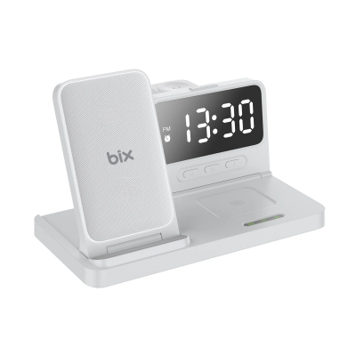 Bix BXMW4 15W Kablosuz Şarj Standı iPhone AirPods Akıllı Saat TWS Kulaklık Uyumlu Alarmlı Çoklu Şarj Cihazı Beyaz - 2