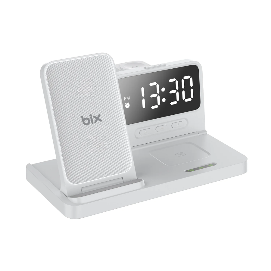 Bix BXMW4 15W Kablosuz Şarj Standı iPhone AirPods Akıllı Saat TWS Kulaklık Uyumlu Alarmlı Çoklu Şarj Cihazı Beyaz - 2