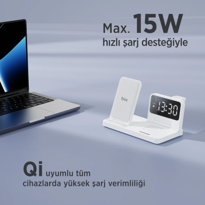 Bix BXMW4 15W Kablosuz Şarj Standı iPhone AirPods Akıllı Saat TWS Kulaklık Uyumlu Alarmlı Çoklu Şarj Cihazı Beyaz - 6