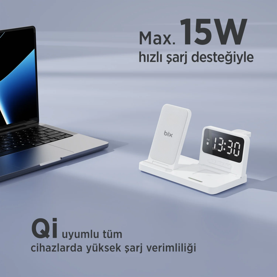 Bix BXMW4 15W Kablosuz Şarj Standı iPhone AirPods Akıllı Saat TWS Kulaklık Uyumlu Alarmlı Çoklu Şarj Cihazı Beyaz - 6
