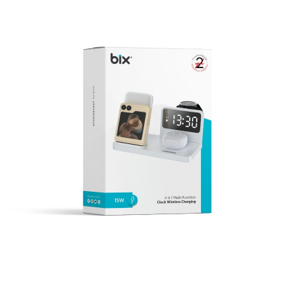Bix BXMW4 15W Kablosuz Şarj Standı iPhone AirPods Akıllı Saat TWS Kulaklık Uyumlu Alarmlı Çoklu Şarj Cihazı Beyaz - 7