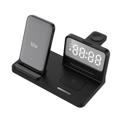 Bix BXMW4 15W Kablosuz Şarj Standı iPhone AirPods Akıllı Saat TWS Kulaklık Uyumlu Alarmlı Çoklu Şarj Cihazı Siyah