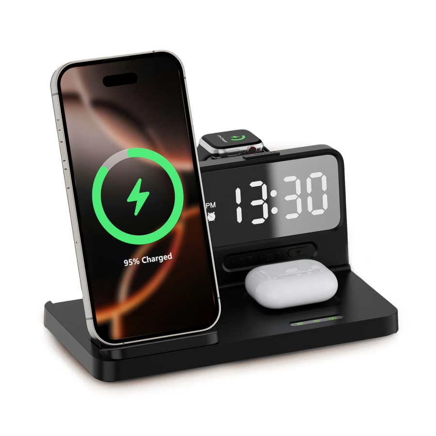 Bix BXMW4 15W Kablosuz Şarj Standı iPhone AirPods Akıllı Saat TWS Kulaklık Uyumlu Alarmlı Çoklu Şarj Cihazı Siyah - 3
