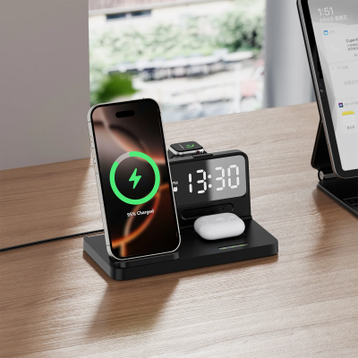 Bix BXMW4 15W Kablosuz Şarj Standı iPhone AirPods Akıllı Saat TWS Kulaklık Uyumlu Alarmlı Çoklu Şarj Cihazı Siyah - 4