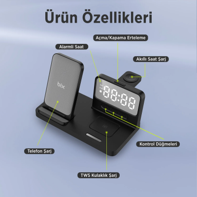 Bix BXMW4 15W Kablosuz Şarj Standı iPhone AirPods Akıllı Saat TWS Kulaklık Uyumlu Alarmlı Çoklu Şarj Cihazı Siyah - 6