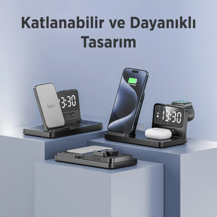 Bix BXMW4 15W Kablosuz Şarj Standı iPhone AirPods Akıllı Saat TWS Kulaklık Uyumlu Alarmlı Çoklu Şarj Cihazı Siyah - 8