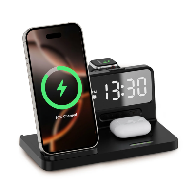 Bix BXMW4 15W Kablosuz Şarj Standı iPhone AirPods Akıllı Saat TWS Kulaklık Uyumlu Alarmlı Çoklu Şarj Cihazı Siyah - 3