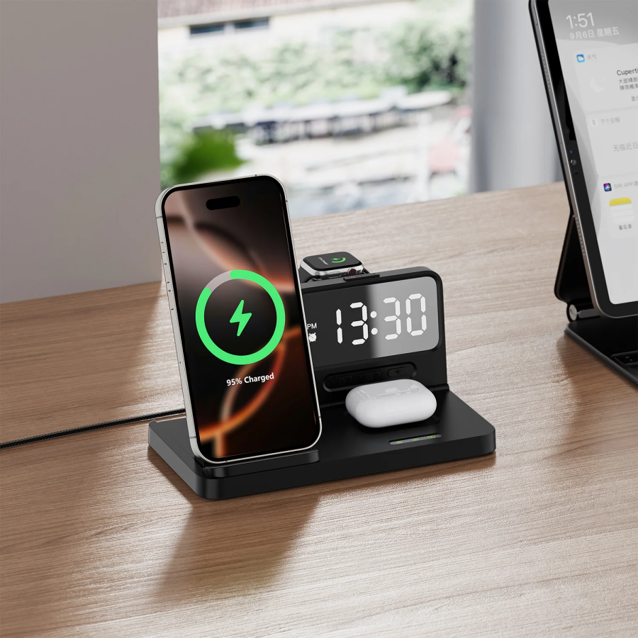 Bix BXMW4 15W Kablosuz Şarj Standı iPhone AirPods Akıllı Saat TWS Kulaklık Uyumlu Alarmlı Çoklu Şarj Cihazı Siyah - 4