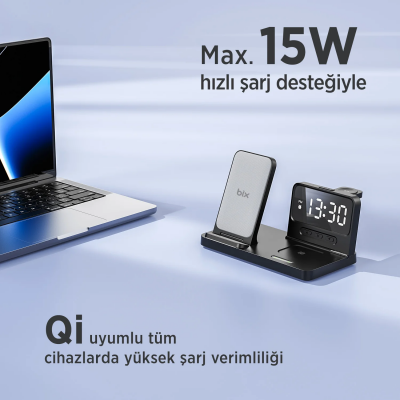 Bix BXMW4 15W Kablosuz Şarj Standı iPhone AirPods Akıllı Saat TWS Kulaklık Uyumlu Alarmlı Çoklu Şarj Cihazı Siyah - 5