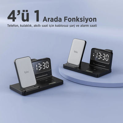 Bix BXMW4 15W Kablosuz Şarj Standı iPhone AirPods Akıllı Saat TWS Kulaklık Uyumlu Alarmlı Çoklu Şarj Cihazı Siyah - 7