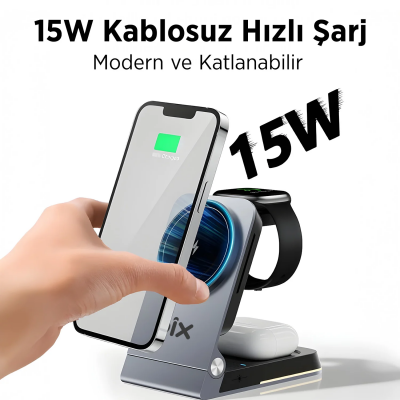 Bix BXMW5 3’ü 1 15W Kablosuz MagSafe Şarj Cihazı Katlanabilir Telefon TWS Kulaklık ve Akıllı Saat Uyumlu Manyetik - 3