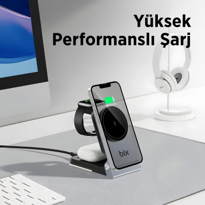Bix BXMW5 3’ü 1 15W Kablosuz MagSafe Şarj Cihazı Katlanabilir Telefon TWS Kulaklık ve Akıllı Saat Uyumlu Manyetik - 5
