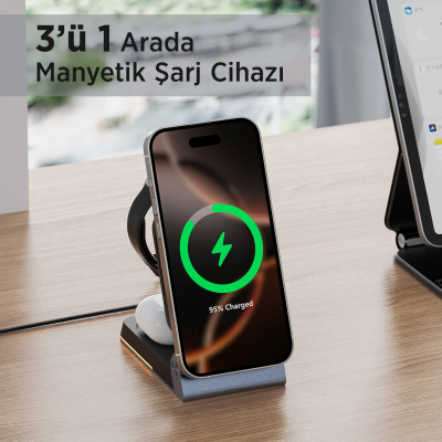 Bix BXMW5 3’ü 1 15W Kablosuz MagSafe Şarj Cihazı Katlanabilir Telefon TWS Kulaklık ve Akıllı Saat Uyumlu Manyetik - 6