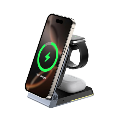 Bix BXMW5 3’ü 1 15W Kablosuz MagSafe Şarj Cihazı Katlanabilir Telefon TWS Kulaklık ve Akıllı Saat Uyumlu Manyetik - 1