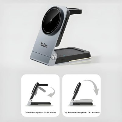 Bix BXMW5 3’ü 1 15W Kablosuz MagSafe Şarj Cihazı Katlanabilir Telefon TWS Kulaklık ve Akıllı Saat Uyumlu Manyetik - 2