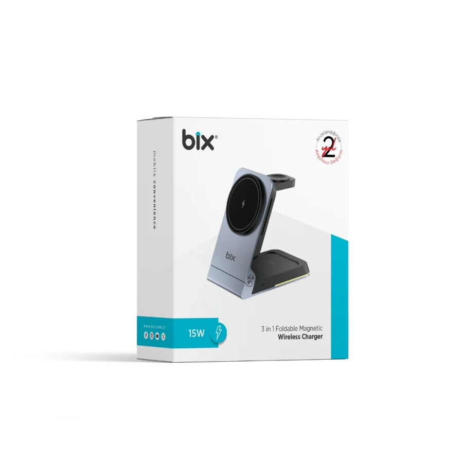 Bix BXMW5 3’ü 1 15W Kablosuz MagSafe Şarj Cihazı Katlanabilir Telefon TWS Kulaklık ve Akıllı Saat Uyumlu Manyetik - 8