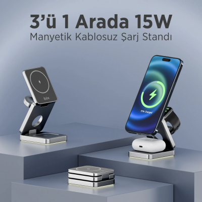 Bix BXMW7 3’ü 1 15W Kablosuz MagSafe Şarj Cihazı Katlanabilir Telefon TWS Kulaklık ve Akıllı Saat Uyumlu Magsafe - 5