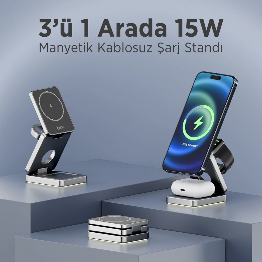 Bix BXMW7 3’ü 1 15W Kablosuz MagSafe Şarj Cihazı Katlanabilir Telefon TWS Kulaklık ve Akıllı Saat Uyumlu Magsafe - 5