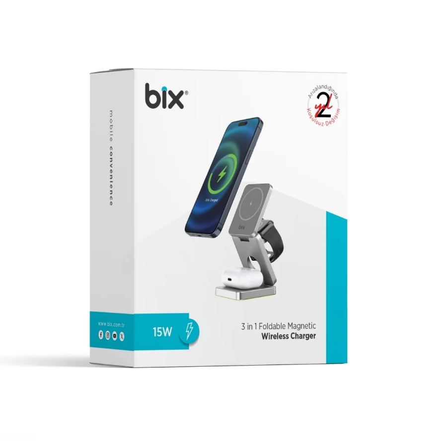 Bix BXMW7 3’ü 1 15W Kablosuz MagSafe Şarj Cihazı Katlanabilir Telefon TWS Kulaklık ve Akıllı Saat Uyumlu Magsafe - 7