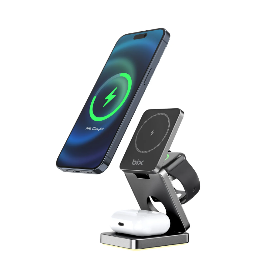 Bix BXMW7 3’ü 1 15W Kablosuz MagSafe Şarj Cihazı Katlanabilir Telefon TWS Kulaklık ve Akıllı Saat Uyumlu Magsafe - 1