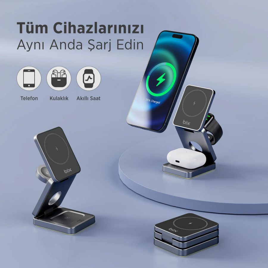 Bix BXMW7 3’ü 1 15W Kablosuz MagSafe Şarj Cihazı Katlanabilir Telefon TWS Kulaklık ve Akıllı Saat Uyumlu Magsafe - 4