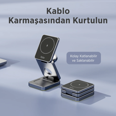 Bix BXMW7 3’ü 1 15W Kablosuz MagSafe Şarj Cihazı Katlanabilir Telefon TWS Kulaklık ve Akıllı Saat Uyumlu Magsafe - 6