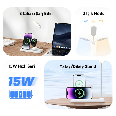Bix BXMW8 3’ü 1 15W Kablosuz MagSafe Şarj Standı Telefon TWS Kulaklık Akıllı Saat iPhone AirPods Apple Watch Uyumlu LED Lambalı - 8