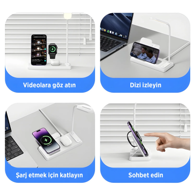 Bix BXMW8 3’ü 1 15W Kablosuz MagSafe Şarj Standı Telefon TWS Kulaklık Akıllı Saat iPhone AirPods Apple Watch Uyumlu LED Lambalı - 9
