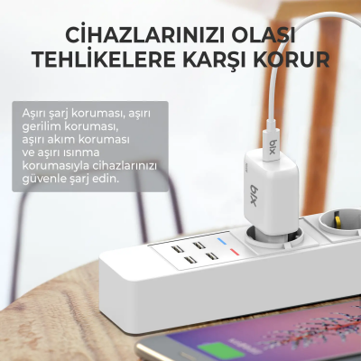 Bix BXPD22C 20W Type-C PD 3.0 Akım Korumalı Hızlı Şarj Adaptörü ve 5A Type-C Şarj Kablosu 1 Metre - 2