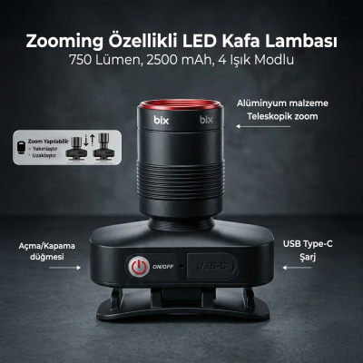 Bix BXT1FL Şarjlı Kafa Lambası 750 Lümen 10W LED Kafa Feneri Type-C Zoom Özellikli - 3
