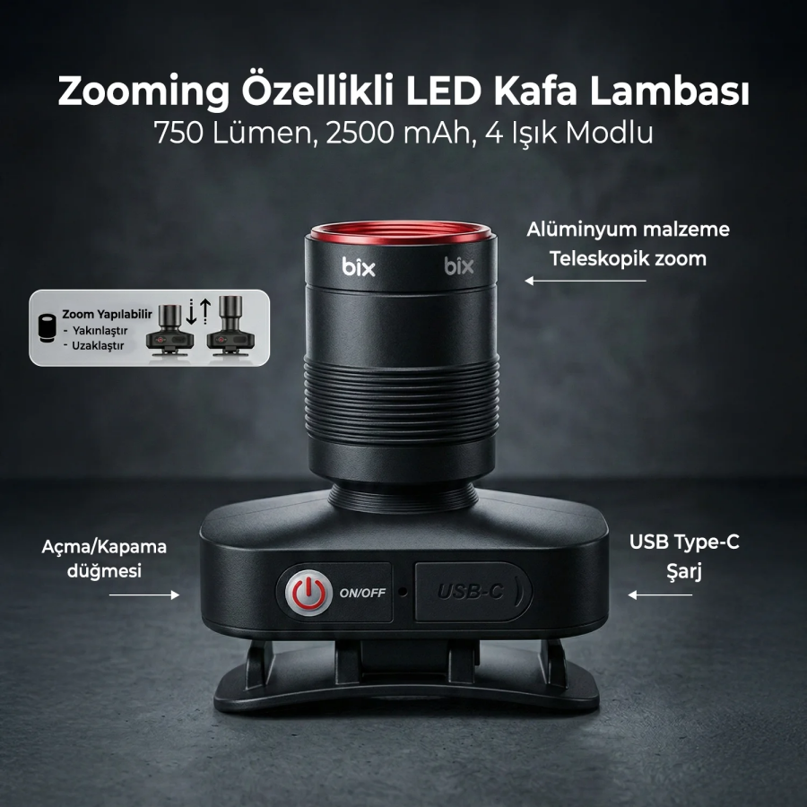 Bix BXT1FL Şarjlı Kafa Lambası 750 Lümen 10W LED Kafa Feneri Type