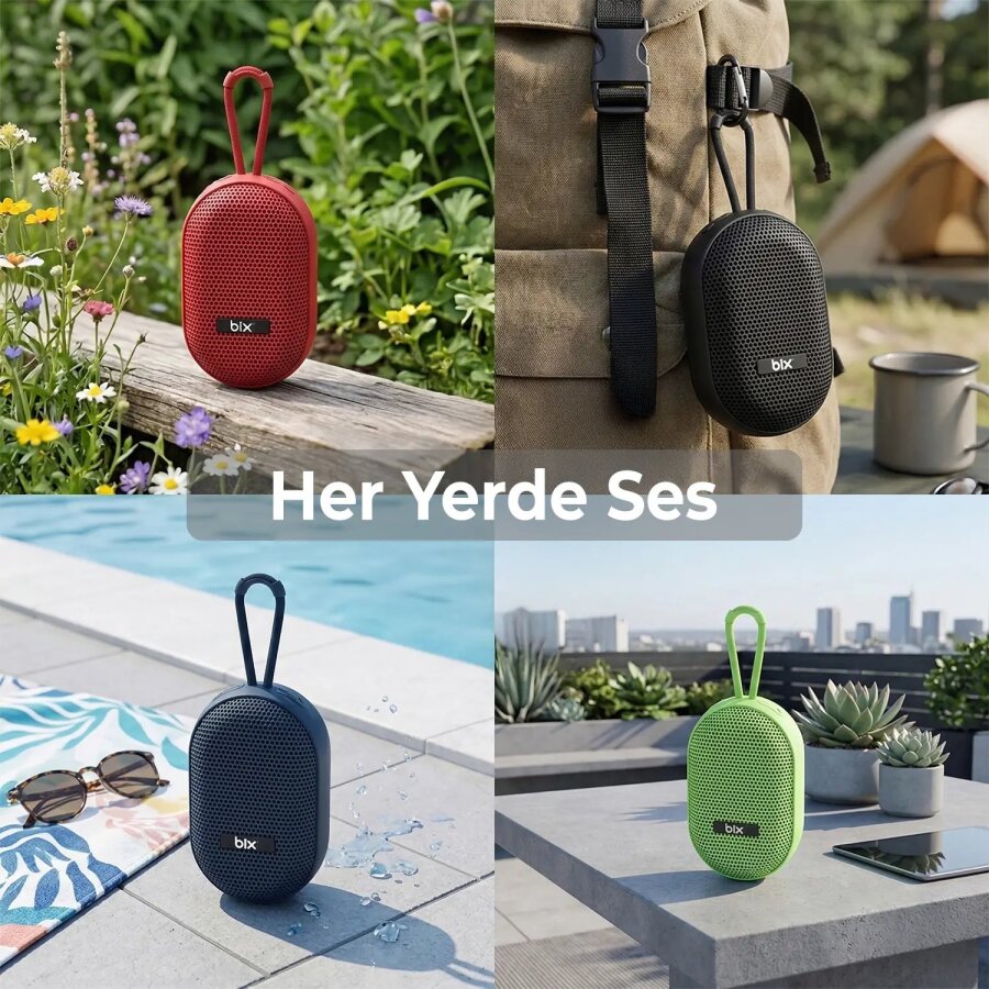 Bix BXWS01 Bluetooth 6.0 IPX4 Suya Dayanıklı 8W Taşınabilir Hoparlör MicroSD & USB Destekli Speaker Kırmızı - 3