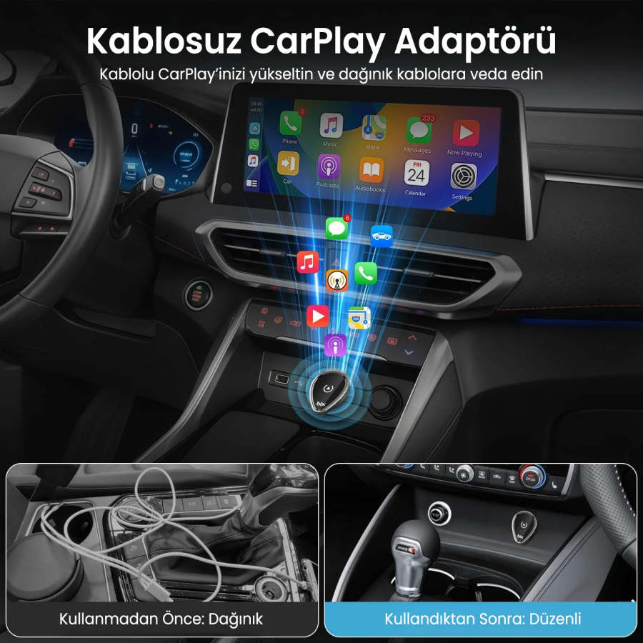 Bix CB01 Kablosuz CarPlay ve Android Auto USB Kabloludan Kablosuza Çevirici Adaptörü - 3