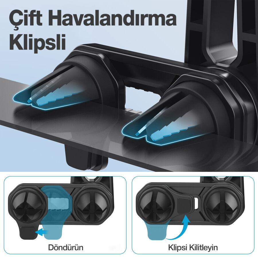 Bix Çift Havalandırma Klipsli ve Destek Kollu 360° Derece Ayarlanabilir Araç Telefon Tutucu - 7