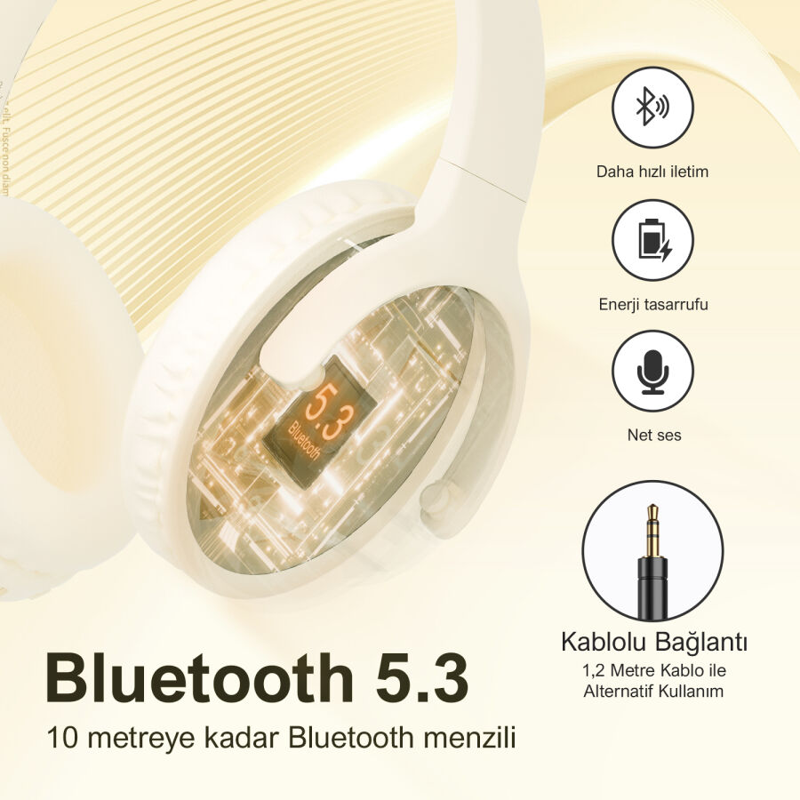 Bix H2 Soundcraft 40mm Sürücülü 14 Saat Çalma Süreli Katlanabilir Bluetooth 5.3 Kulak Üstü Kulaklık Bej - 5