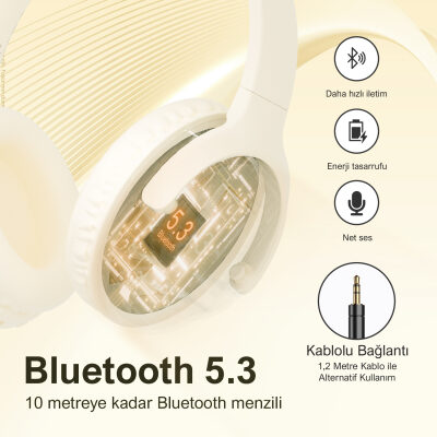 Bix H2 Soundcraft 40mm Sürücülü 14 Saat Çalma Süreli Katlanabilir Bluetooth 5.3 Kulak Üstü Kulaklık Bej - 5