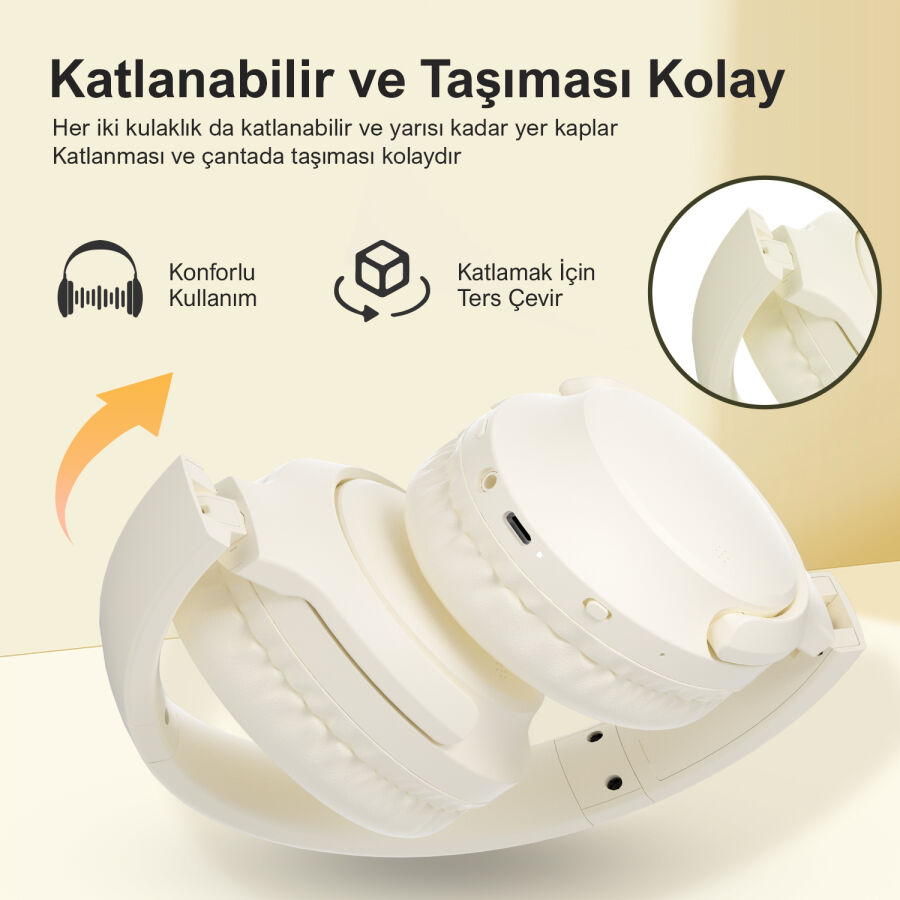 Bix H2 Soundcraft 40mm Sürücülü 14 Saat Çalma Süreli Katlanabilir Bluetooth 5.3 Kulak Üstü Kulaklık Bej - 4