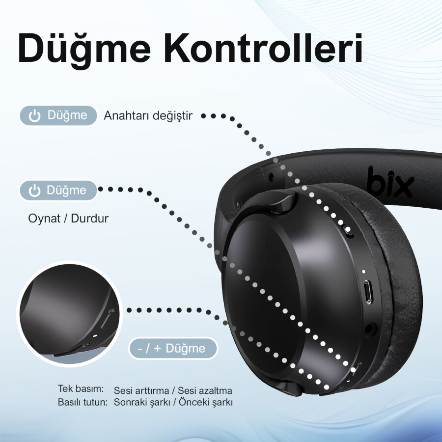 Bix H2 Soundcraft 40mm Sürücülü 14 Saat Çalma Süreli Katlanabilir Bluetooth 5.3 Kulak Üstü Kulaklık Siyah - 3