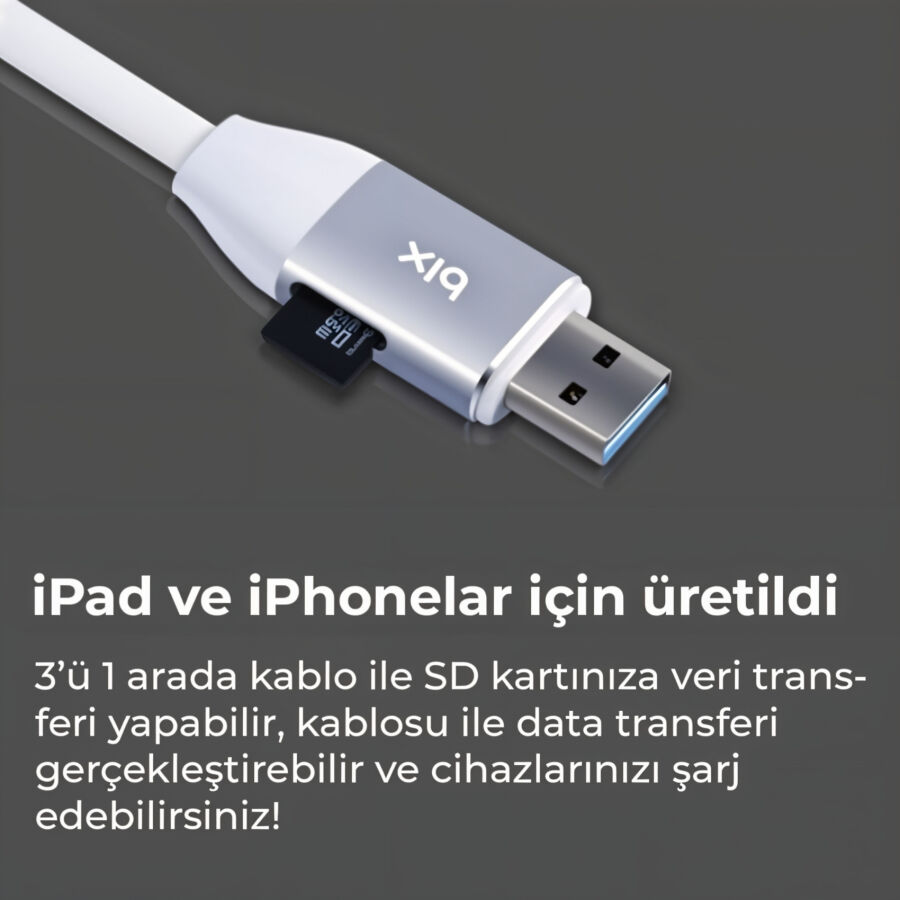 Bix iData Pro Micro SD Kart Okuyuculu iPhone Şarj Kablosu - 4