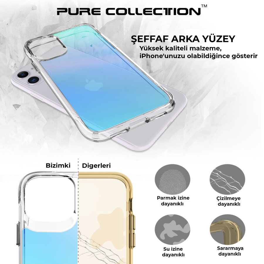 Bix iPhone 11 Pure Rainbow Renk Geçişli Şeffaf Kılıf Çizilmeye Dayanıklı Darbe Emici Parmak İzi Önleyici Mavi - 9