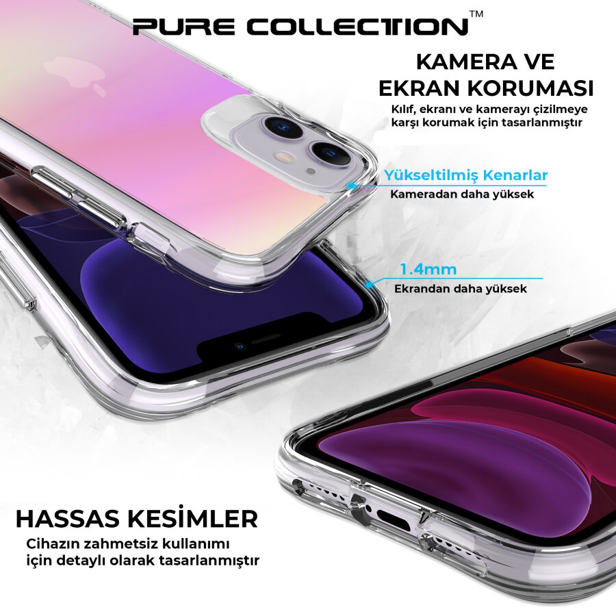 Bix iPhone 11 Pure Rainbow Renk Geçişli Şeffaf Kılıf Çizilmeye Dayanıklı Darbe Emici Parmak İzi Önleyici Pembe - 8