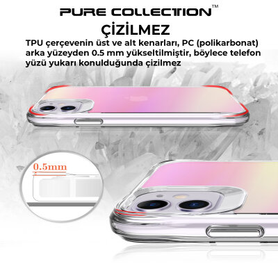 Bix iPhone 11 Pure Rainbow Renk Geçişli Şeffaf Kılıf Çizilmeye Dayanıklı Darbe Emici Parmak İzi Önleyici Pembe - 11