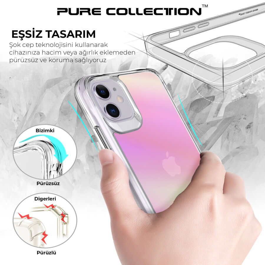 Bix iPhone 11 Pure Rainbow Renk Geçişli Şeffaf Kılıf Çizilmeye Dayanıklı Darbe Emici Parmak İzi Önleyici Pembe - 10