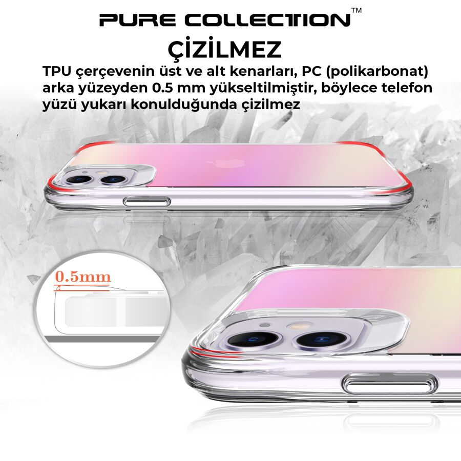 Bix iPhone 11 Pure Rainbow Renk Geçişli Şeffaf Kılıf Çizilmeye Dayanıklı Darbe Emici Parmak İzi Önleyici Pembe - 11
